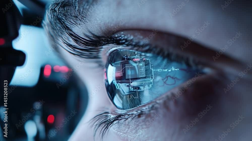 Leinwandbilder macro shot of human eye with circuit board overlay in the pupil representing technology and futurist