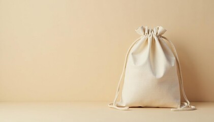 Small canvas drawstring bag, beige color, empty , beige, drawstring bag, canvas bag