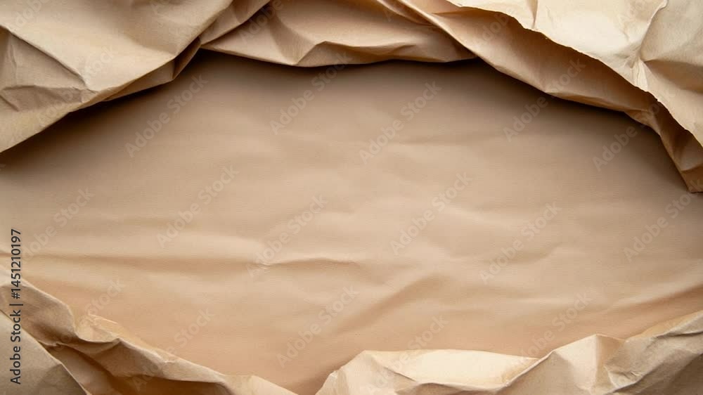 Poster Top-down shot of crumpled brown craft paper background with space in center. Folded paper border creates a textured frame for copy or design.  Neutral beige and brown hues