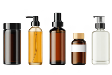 arrange clear And amber cosmetic Bottles in Black Background with Beauty Theme