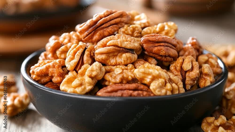 Poster close-up shot of various nuts presented in a black bowl on wooden surface. focus on the textured det