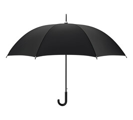 A black umbrella is open and standing upright