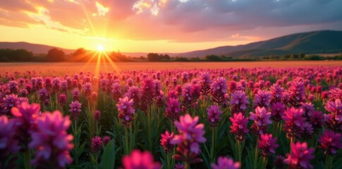 Obraz premium Vibrant pink and violet wildflowers carpet a field at sunset, creating a stunning countryside backdrop , flowers, beautiful