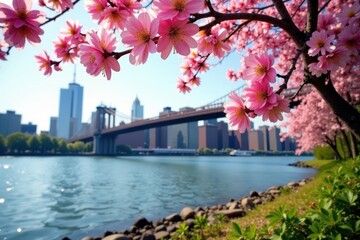 Fototapeta premium Vibrant pink blossoms, Roosevelt Island spring, Queensboro Bridge backdrop, petal, beautiful