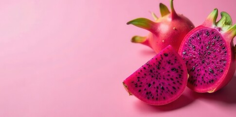 Vibrant pink dragon fruit slices on pink background, colorful, macro