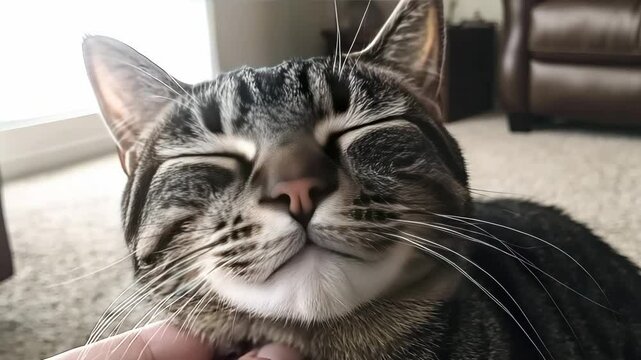 Happy tabby cat pet enjoying gentle chin scratch, domestic feline animal cozy indoor moment