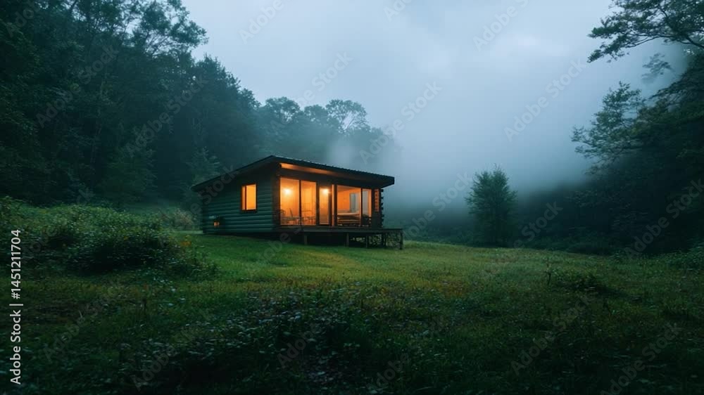 Aufkleber A tranquil structure illuminated by warm light sits amid dense forest enveloped by misty fog. The scene captures a peaceful and serene atmosphere with shades of green and blue