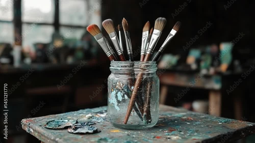Poster artistic still life featuring paint brushes in a glass jar atop a paint-splattered surface in a diml