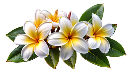 Fototapeta premium Beautiful Plumeria Flowers with White and Yellow Petals on Leaves