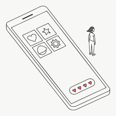 Tiny Woman On A Giant Phone Screen With Icon Selections And Hearts