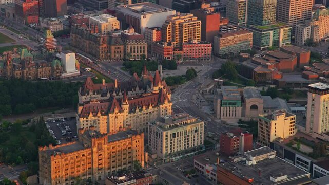 AERIAL Ch&acirc;teau Laurier in downtown Ottawa with Parliament Hill in the background at sunrise