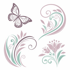 Elegant Floral Vector Set With Butterflies And Swirls In Muted Tones