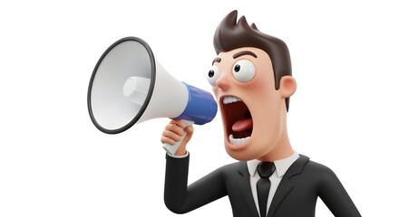 3D Cartoon Businessman Shouting into Megaphone with Exaggerated Expression