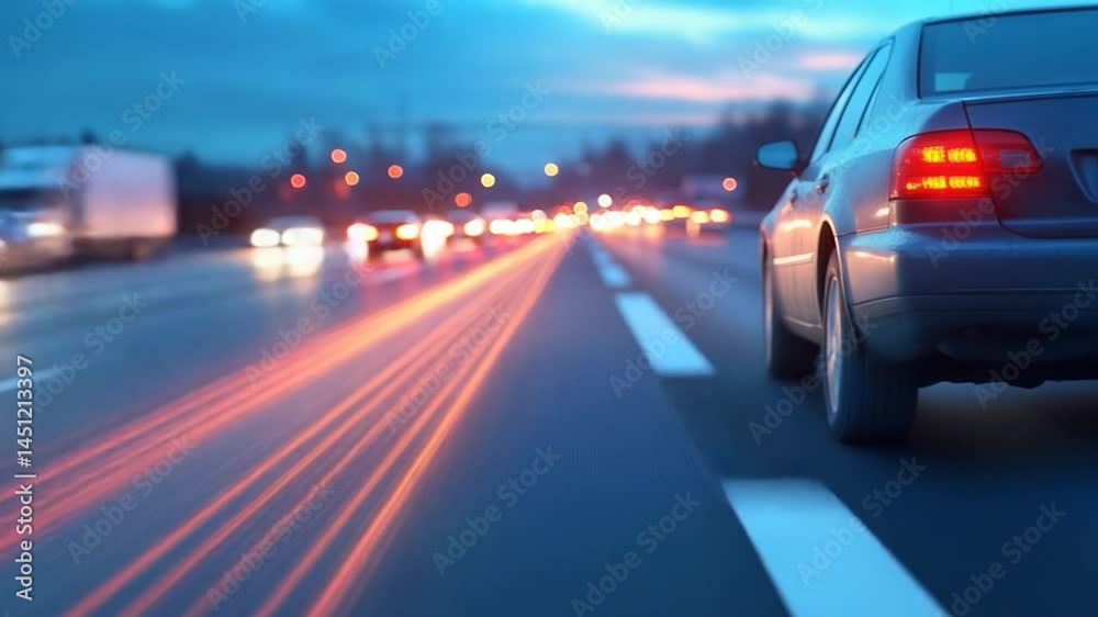 Poster dynamic highway scene at dusk with car trails and blurred motion effects. the shot features a car pa