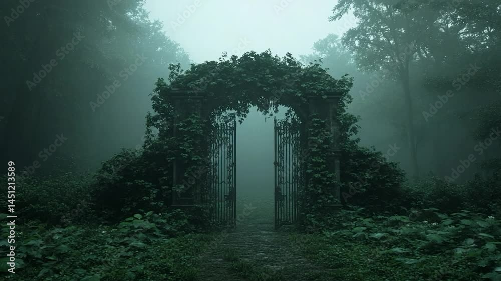 Fototapete A mystical scene features an open gate in a lush forest covered in green foliage. Fog adds an ethereal atmosphere, creating a sense of mystery and wonder.  The scene evokes tranquility with overgrown