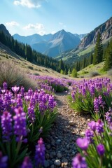 Obraz premium Vibrant purple wildflowers carpet Sierra Nevada spring landscape , vibrant purple, botanical, landscape