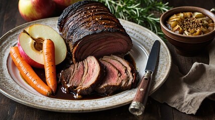 rubbed brisket with baked onion, apples and carrots.