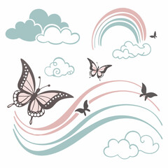 Whimsical Butterfly Rainbow Cloud Vector Illustration With Cute Graphic Elements Design