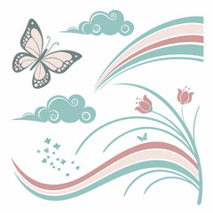 Vector Spring Illustration With Butterfly Flowers Clouds And Pastel Rainbow Arches