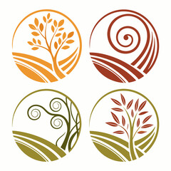 Abstract Farm Agriculture Vector Illustration Set With Tree,Leaf And Spiral Elements