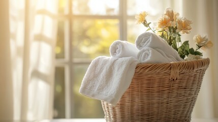 Serene spa essentials: Rolled towels and delicate flowers in a woven basket