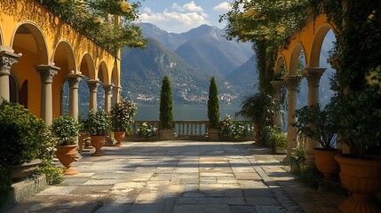 Italian Villa Terrace Overlooking Serene Lake and Mountains