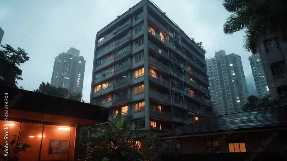 Poster overcast cityscape with tall apartment buildings and lush greenery under a rain-filled sky. warm lig