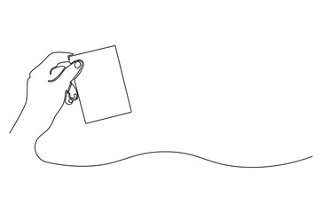 Continuous one line drawing of Hand holding card. Single line drawing illustration of Hand holds credit card or debit ca. Blank card concept vector art. Doodle line illustration.