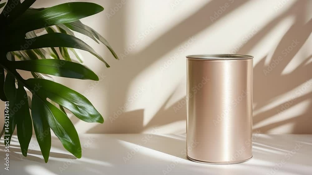 Poster a metallic cylindrical container stands on a white surface beside a green leaf plant with the shadow