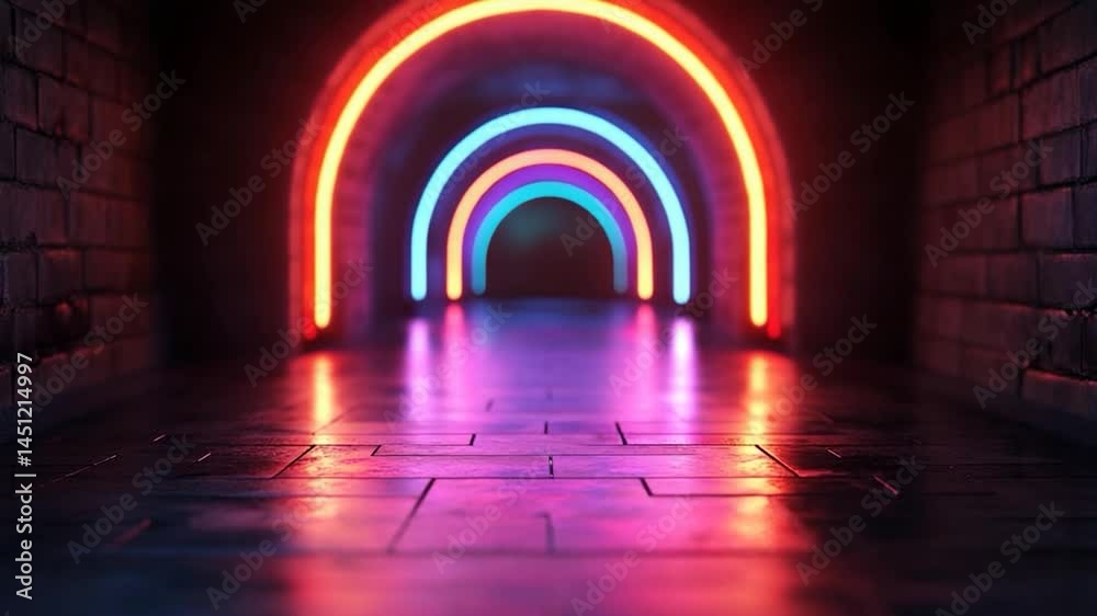 Poster tunnel with brick walls and vibrant neon arches in red blue and purple hues reflecting on the floor 