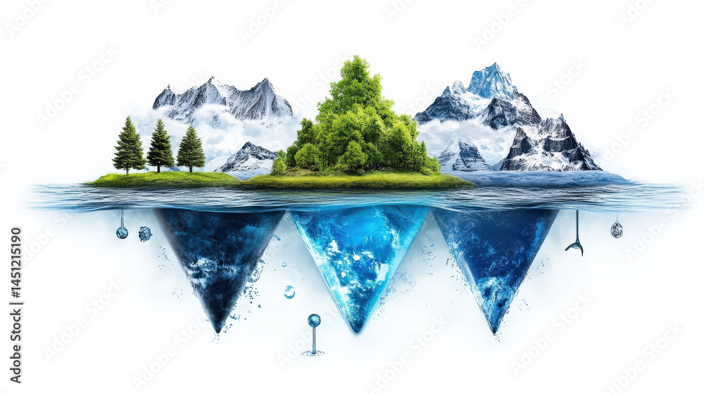 Aufkleber surreal landscape features floating islands with lush greenery and snowy mountains above water, whil