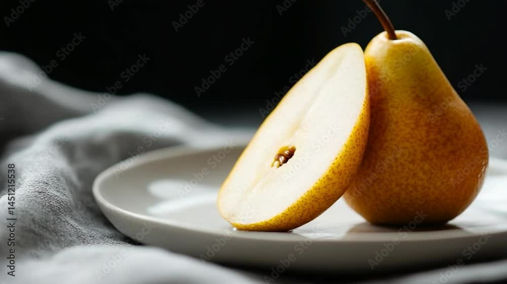 Poster close-up shot of a halved fruit on a white plate with a fabric background showcasing the fruit's tex