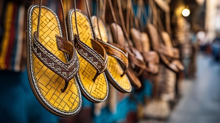 Naklejka premium Flip-flops for Sale: A colorful display of handcrafted flip-flops, showcasing detailed craftsmanship and unique designs, perfect for a summer vacation.