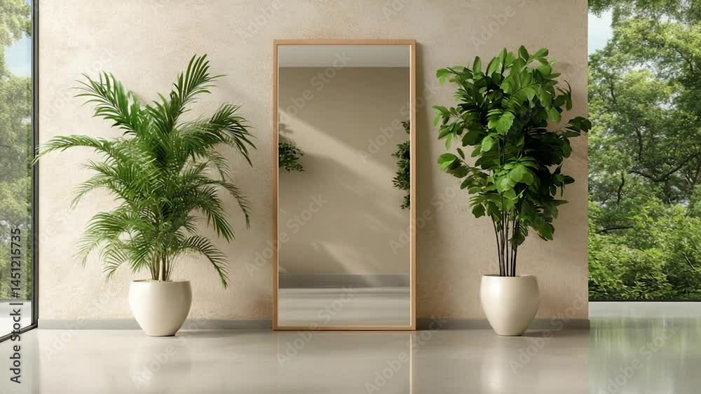 Poster interior scene featuring a rectangular mirror flanked by potted plants with an outside view beyond t