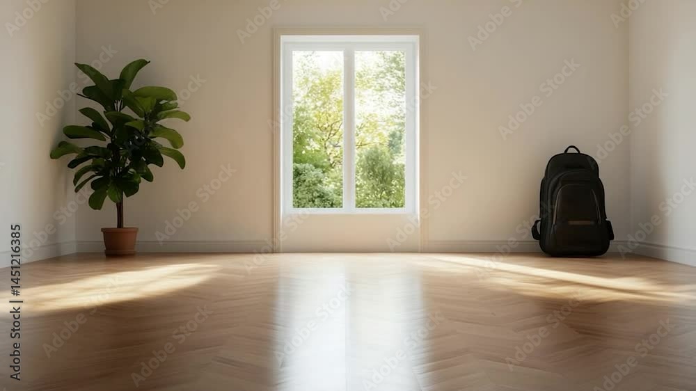 Poster an empty room with natural light streaming through a window featuring a potted plant and a backpack.