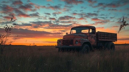 Rustic Sunset: A Vintage Truck in a Serene Field