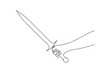 Continuous one line drawing of Hand holding sword. Single line drawing illustration of Holds a sword. Sword concept vector art. Doodle line illustration.