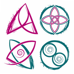 Four Abstract Celtic Style Design Elements In Green And Purple Hues