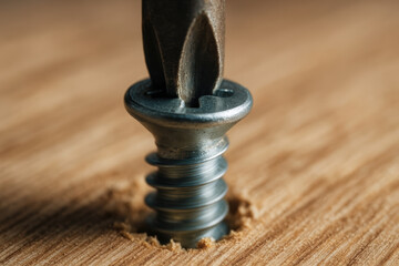 Close up of metal screw being driven into woodwork in workshop environment showing detailed texture and craftsmanship