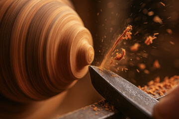 Woodwork tool carving wood shavings flying in workshop with closeup detail of spinning wood lathe creating fine craftsmanship