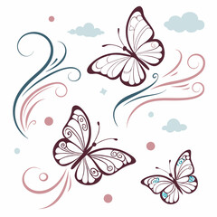 Butterfly Vector Set With Clouds And Flourishes Simple Graphic Design Element