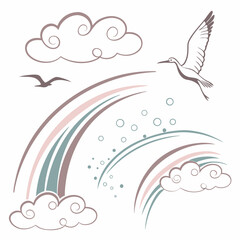 Gentle Sky Illustration With Birds Rainbow And Clouds In Pastel Colors