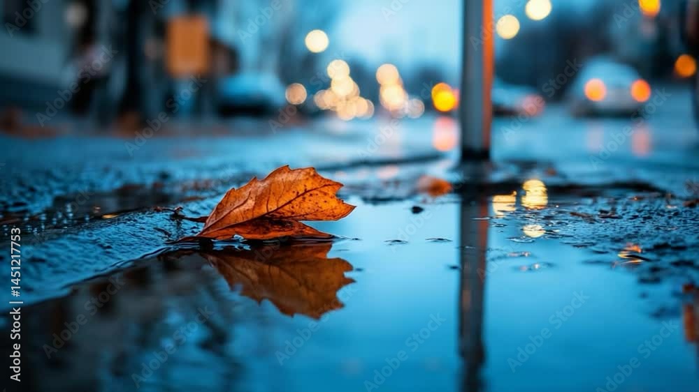 Poster autumn leaf in puddle reflecting street lights creating atmospheric rain scene. wet asphalt with ora