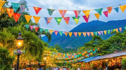 Colorful street decorated with vibrant paper banners, festive atmosphere, mountain backdrop.  Street lined with trees, lanterns, and decorations, with people walking