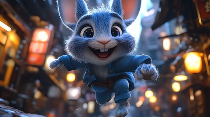Playful cartoon rabbit in a blue outfit joyfully running through a vibrant, illuminated street