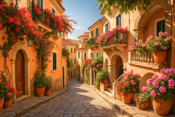 Fototapeta premium Stradina assolata a Positano tra case color pastello e fiori mediterranei. Generative AI