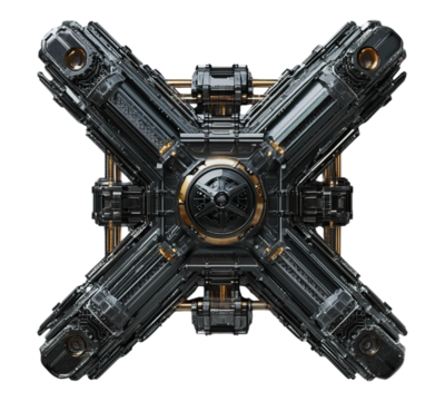 A futuristic looking machine with a gold and black design