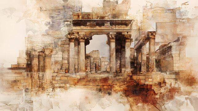 Rebuilding the temple of jerusalem, ezra & haggai digital watercolor illustration, generative ai. [Corroded Realms] | Deteriorated Sanctums | divine ruin. Illustration