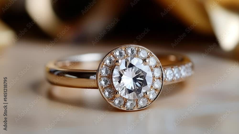 Poster close-up of an elegant gold ring adorned with a central diamond surrounded by smaller stones. the ri