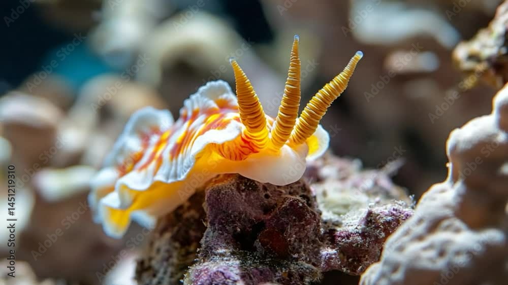 Poster Close-up of a vibrant sea slug showcasing intricate patterns and textures. The slug rests on a colorful coral reef with a blurred background
